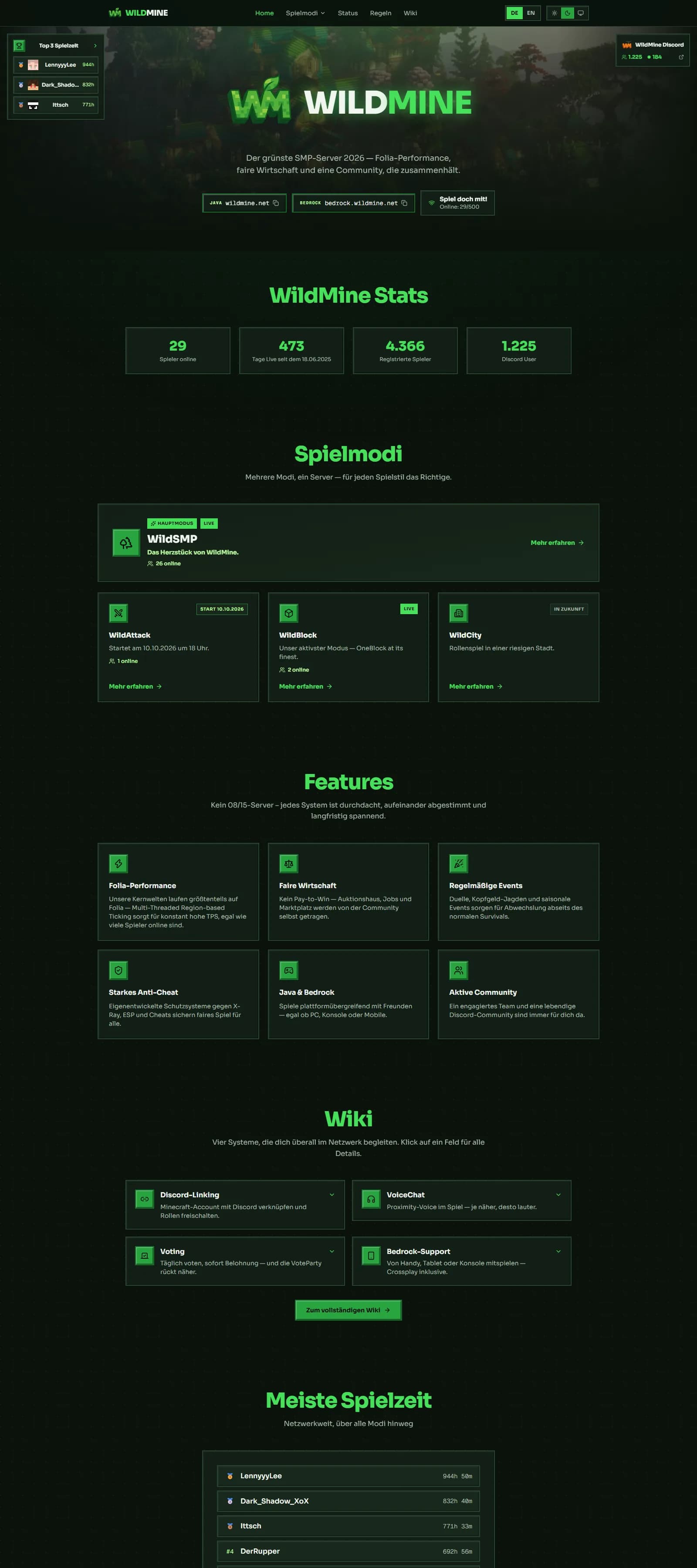 Startseite von wildmine.net mit Server-Adressen, Spielerzahl und Statistiken